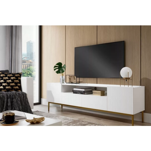 Szafka RTV Nicole 200 cm z wnęką i szufladami - biały mat / złote nóżki